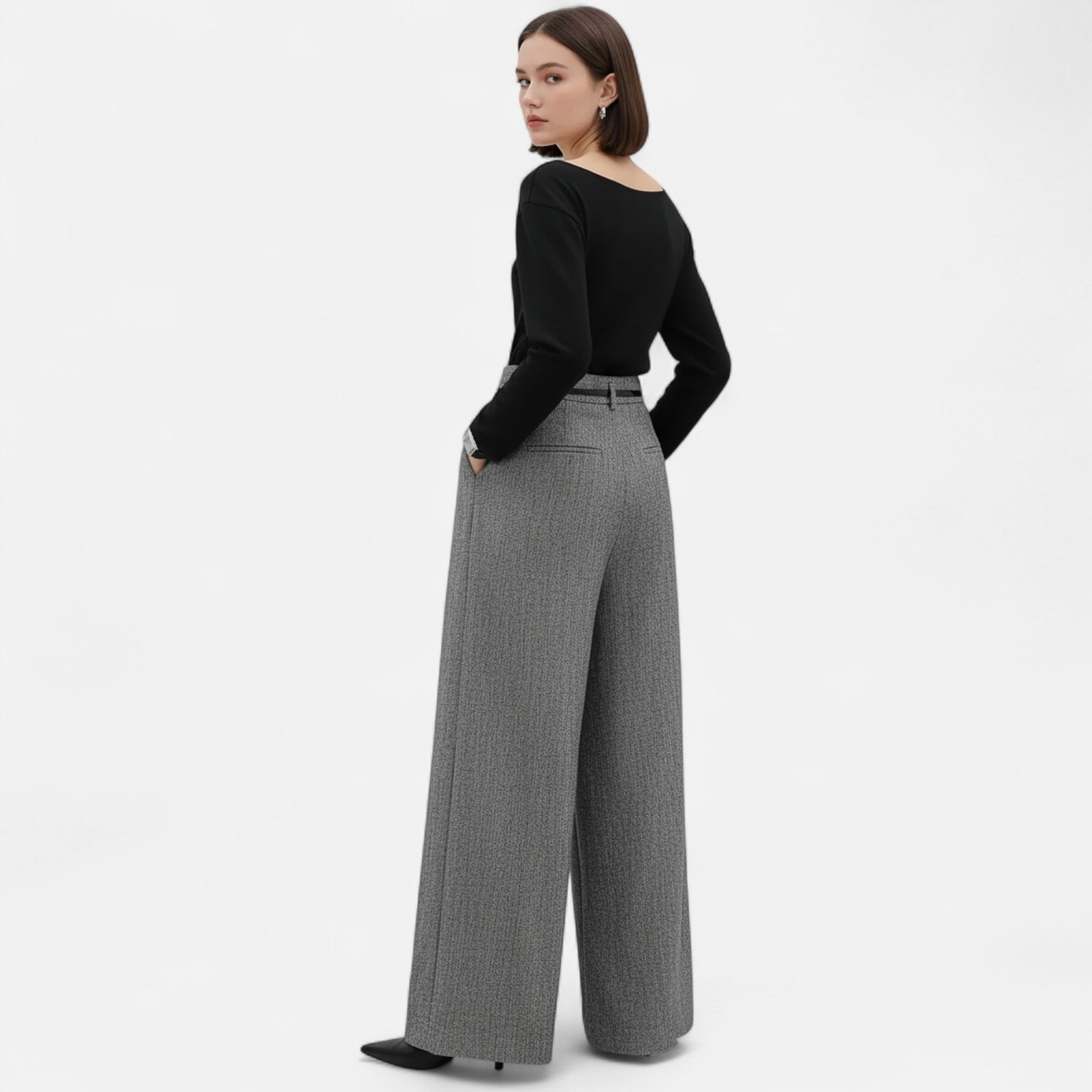 House of Livia | Women's High Waist Wide Leg Tweed Trousers