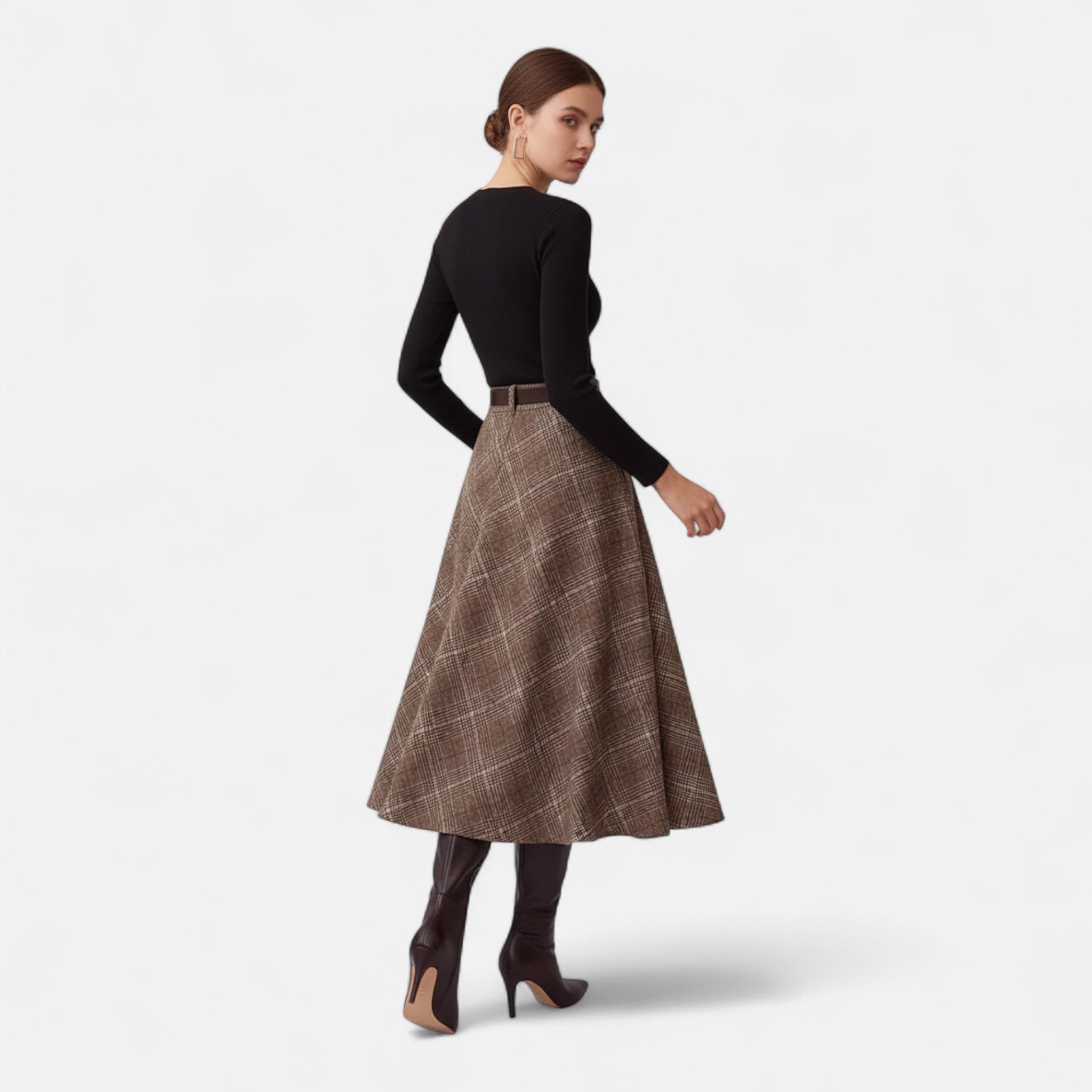 House of Livia | Women's High Waist Plaid Midi A Line Skirt