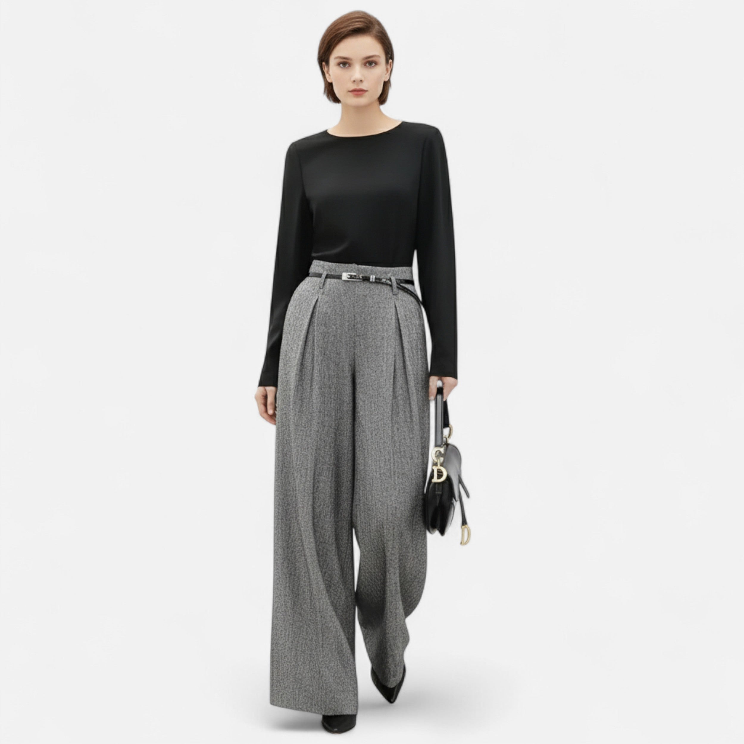 House of Livia | Women's High Waist Wide Leg Tweed Trousers