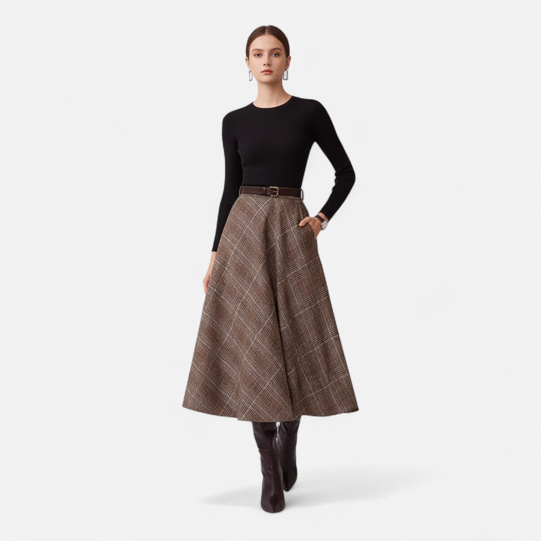 House of Livia | Women's High Waist Plaid Midi A Line Skirt