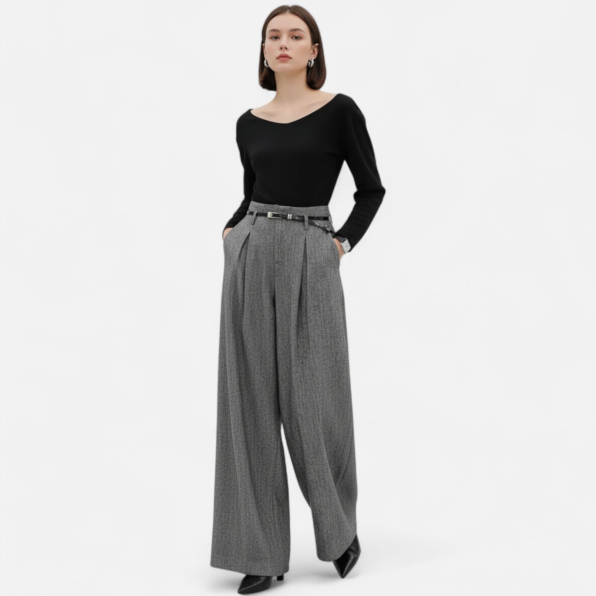 House of Livia | Women's High Waist Wide Leg Tweed Trousers