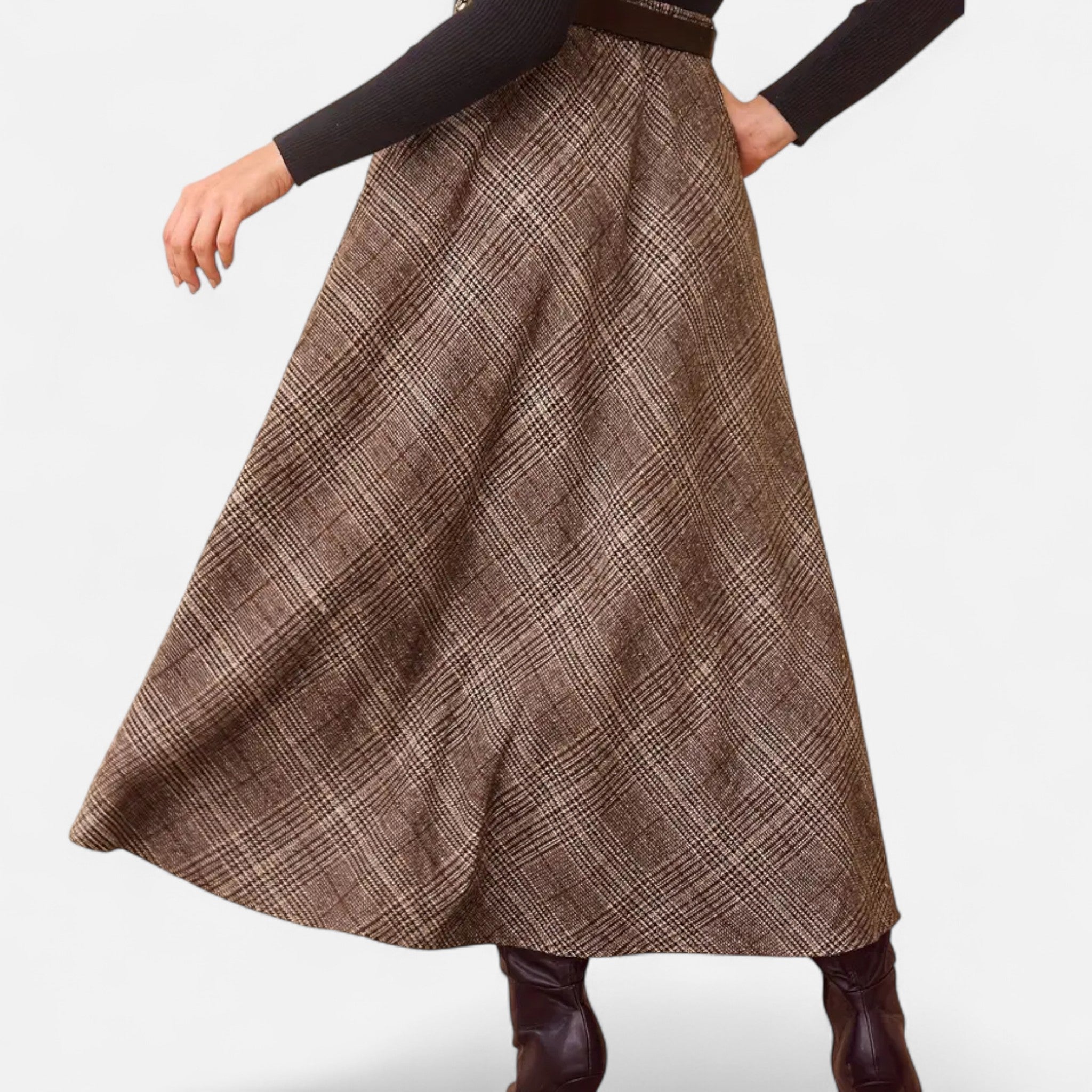 House of Livia | Women's High Waist Plaid Midi A Line Skirt