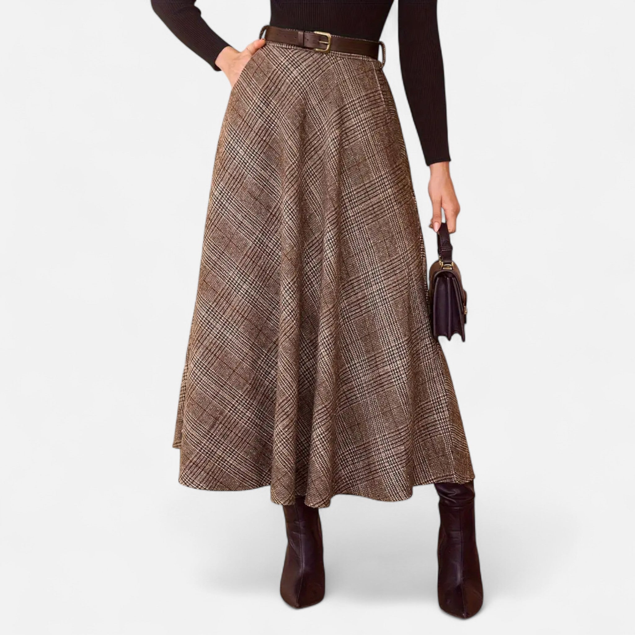 House of Livia | Women's High Waist Plaid Midi A Line Skirt